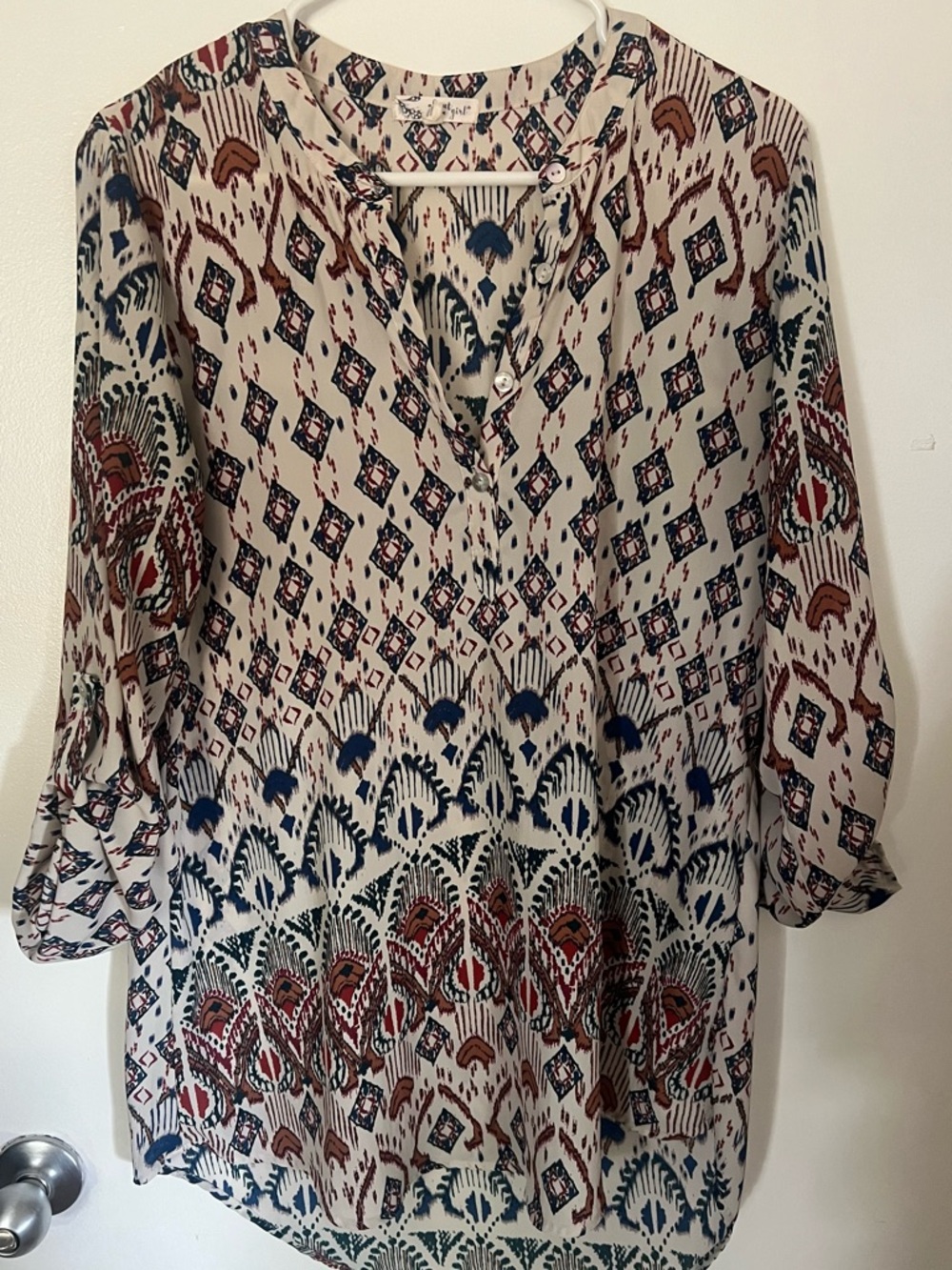About A Girl Cream Tunic with Navy & Rust Tribal Print